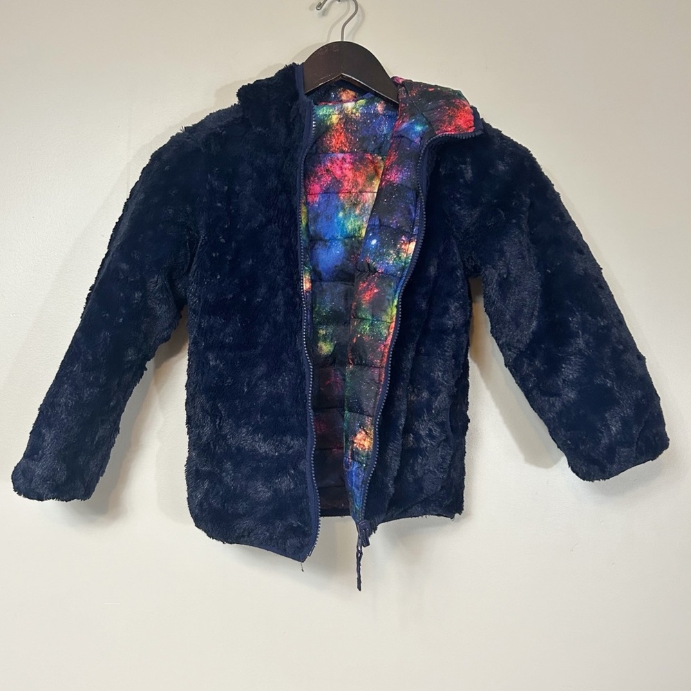 Lands End reversable jacket blue faux fur and colorful galaxy hooded